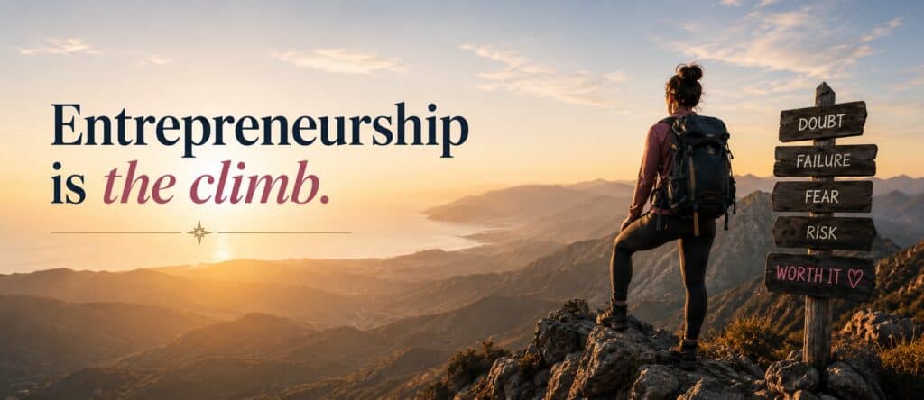 Woman hiking at sunset with motivational signpost about entrepreneurship challenges.