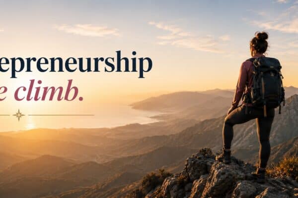 Woman hiking at sunset with motivational signpost about entrepreneurship challenges.
