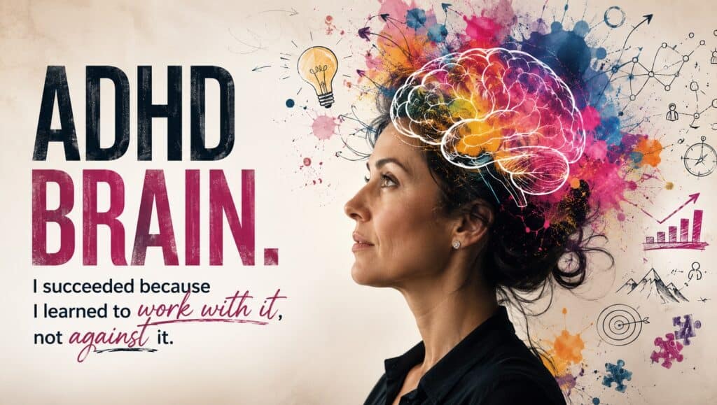 Woman entrepreneur founder with colorful illustrated brain graphic representing ADHD founder brain and creative thinking
