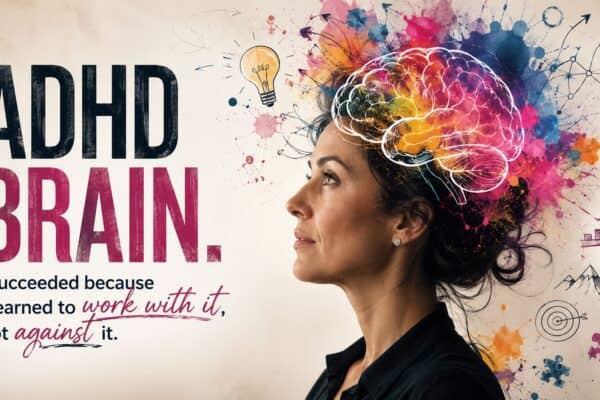 Woman entrepreneur founder with colorful illustrated brain graphic representing ADHD founder brain and creative thinking